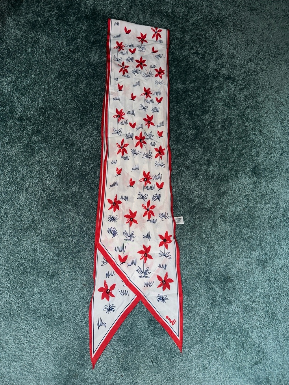 Vintage Vera Neumann Red Flowers Pointed Ends Neck Scarf Polyester Signed Japan